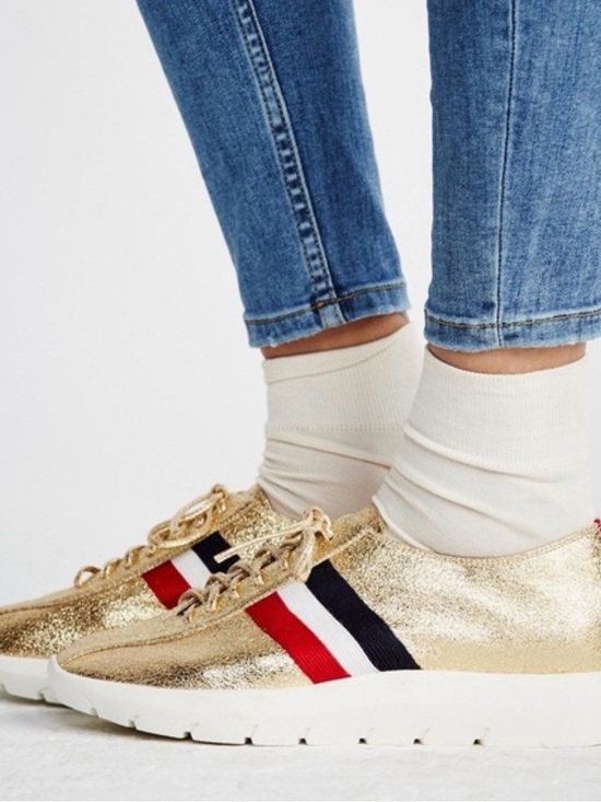 Jeffrey Campbell Shoes - Jeffrey Campbell Motion 2 Gold Metallic Leather Sneakers Stripe Shoes Women’s 8